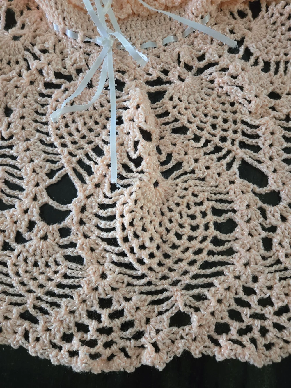 Handmade Peach Crochet Baby Dress with Ribbon Detail